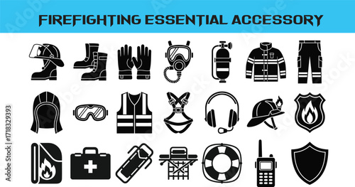 Firefighting Essential Accessories and Equipment Icons Set firefighter fire fighting