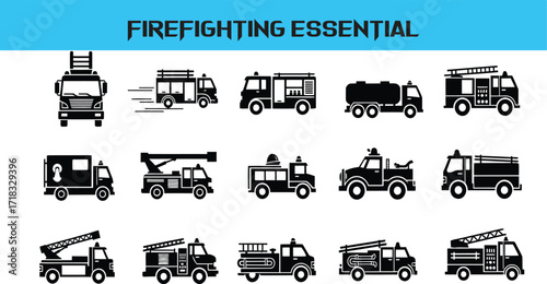 Collection of black silhouette icons of various firefighting trucks and equipment
