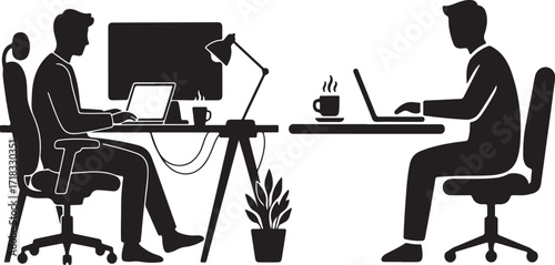 Two men working on laptops at desks with coffee cups and a plant office computer