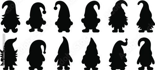 Whimsical gnome silhouettes, black vector icons, fantasy dwarf characters, unique hat styles, beard variations, magical creatures, decorative clipart design
