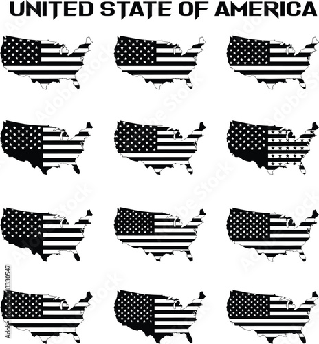 United States of America map outline filled with black and white American flag pattern