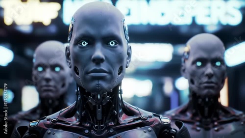 Futuristic 3d animation of three male androids with glowing eyes in a cyberpunk city with neon lights
