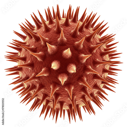 A highly detailed, microscopic 3D rendering of a single pollen grain with prominent spiky protrusions.