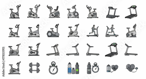 Gym, physical exercise vector fitness equipment vector set exercise bike treadmill dumbbells stopwatch water bottle heart rate monitor icons