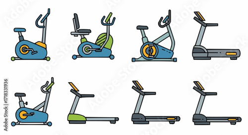 Gym, physical exercise vector gym equipment exercise bikes and treadmills for fitness cardio workout at home or gym vector illustration