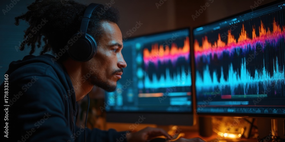 Fototapeta premium Focused Audio Engineer at Work: Night Studio Session