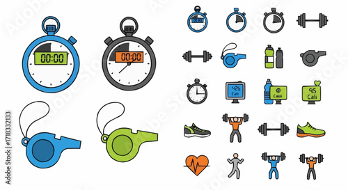 Gym, physical exercise vector fitness and workout icons set vector illustration stopwatch dumbbell whistle water bottle calorie counter  100
