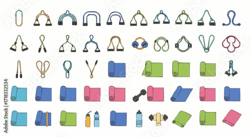 Gym, physical exercise vector shop fitness equipment resistance bands yoga mats dumbbells water bottles for home gym workout accessories
