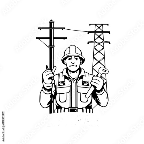 “Clean, stylized line art graphic showing elements of electrical work: utility pole, warning sign with lightning, power tower, electrician with hard hat, pliers, screwdriver and wrench, caliper, linem