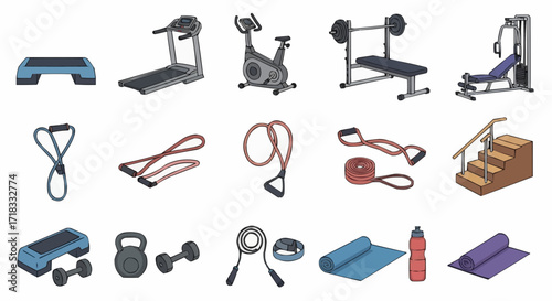 Gym, physical exercise vector gym equipment fitness exercise workout training tools for healthy lifestyle and physical activity vector set