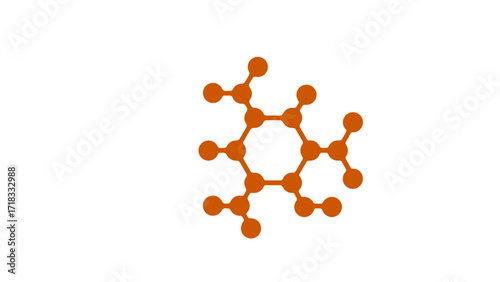 Abstract chemical molecule structure icon in orange, symbolizing science, innovation, research, and biotechnology on a clean white background.