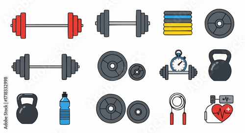 Gym, physical exercise vector explore fitness equipment for gym workouts featuring dumbbells kettlebells and jump ropes for strength training