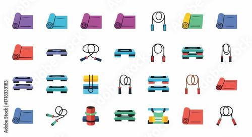 Gym, physical exercise vector stock vector illustration of fitness equipment including yoga mats jump ropes and step platforms for workout