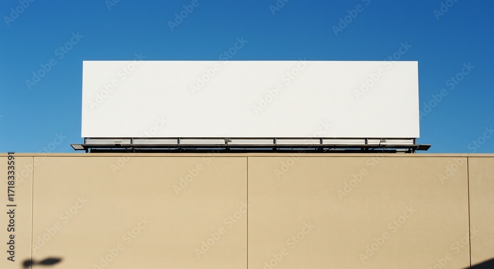 Obraz premium Blank billboard on building facade against clear blue sky offering vast copy space for advertising