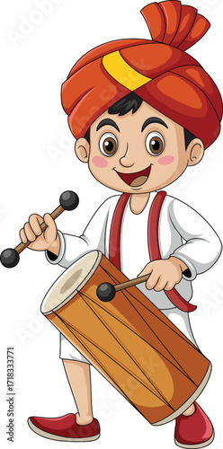 Cute Indian boy wearing a turban and playing a traditional dhol drum, celebrating a festival, a flat vector illustration