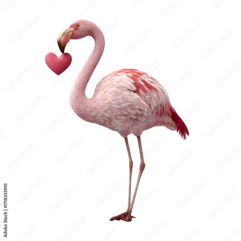 Fototapeta premium Pink flamingo holding a heart isolated on transparent background