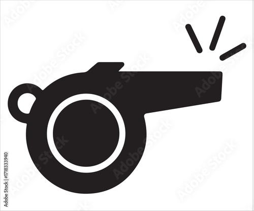 Silhouette of whistle icon representing sports, referee, alert, signal, safety, and coaching equipment isolated on white background