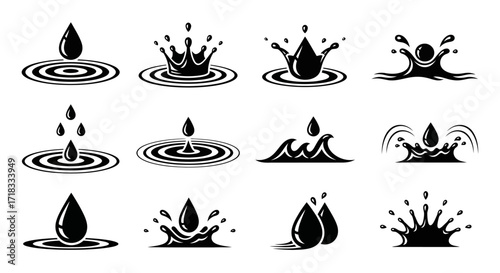 Black water drops and splashes icons representing liquid and waves in motion