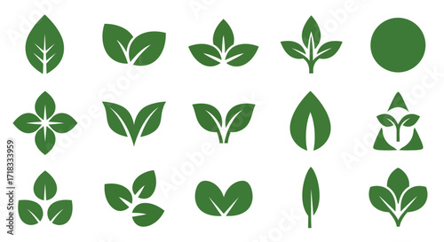 A versatile set of green leaf vector icons. Simple flat graphic design elements for ecology and nature themes
