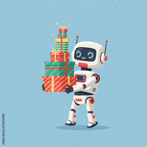 A white robot holds a stack of colorful ribboned gift boxes