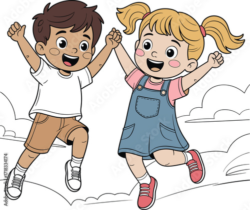Two children, a boy and a girl, happily jumping and holding hands, a cartoon illustration symbolizing friendship, fun, and joy, a flat vector illustration