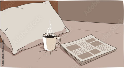 morning coffee in bed - Detailed multicolor vector: Cozy bedside scene with coffee cup and newspaper on bed
