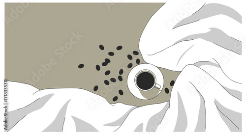 Modern multilayered vector: morning coffee in bed with cup and scattered coffee beans on white bed linen in morning light