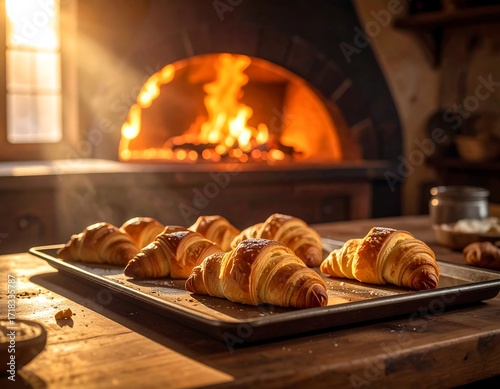 Fresh croissants on a baking sheet near a wood-fired oven