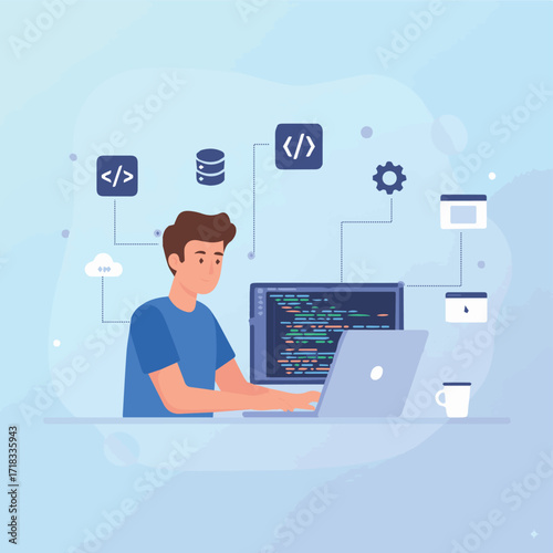 Adobe Illustrator Artwork A Man Typin a Laptop With Technology.