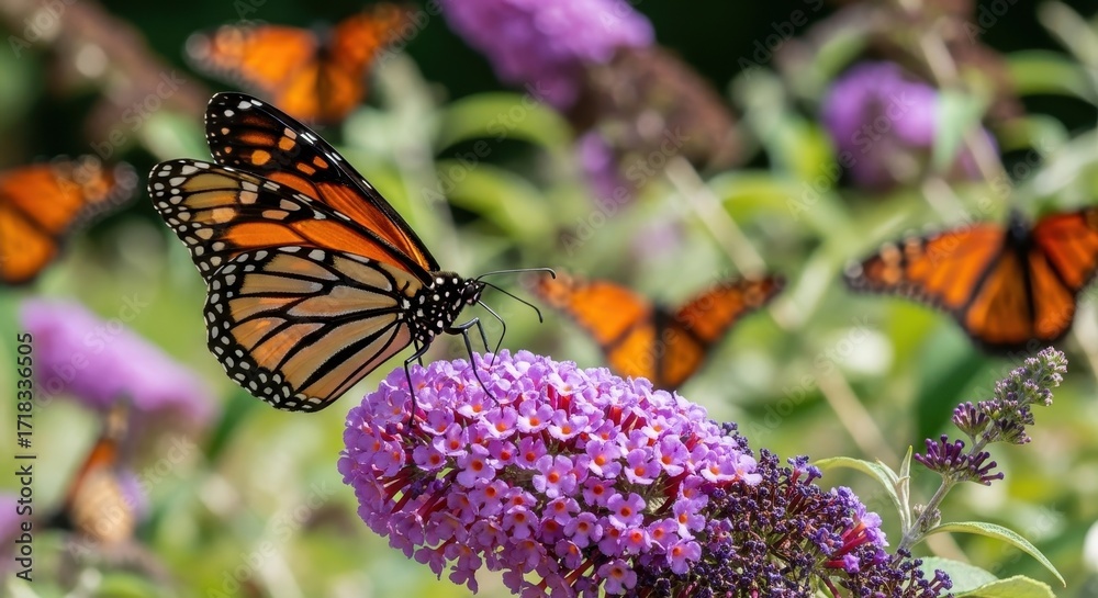 Obraz premium Monarch Butterflies Gathering on a Cluster of Purple Flowers in a Garden
