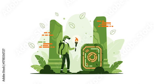 Exploring ancient ruins with a torch, adventure into the unknown landscape filled with mystery and