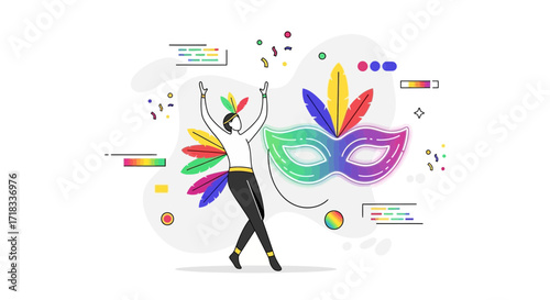 Festive Mardi Gras Celebration with Dancing Figure and Colorful Mask Illustration
