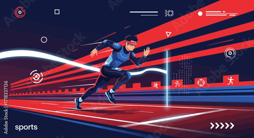 Futuristic athlete sprints with motion blur and digital enhancements for high speed racing in the