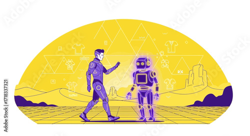 Futuristic encounter with a humanoid robot in a virtual desert landscape illustration