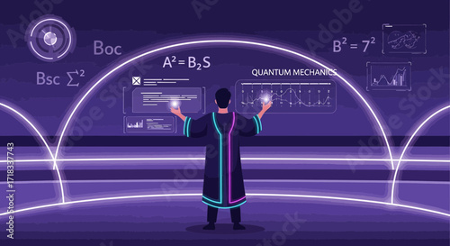 Futuristic quantum mechanics concept with a scientist interacting with digital interfaces in a