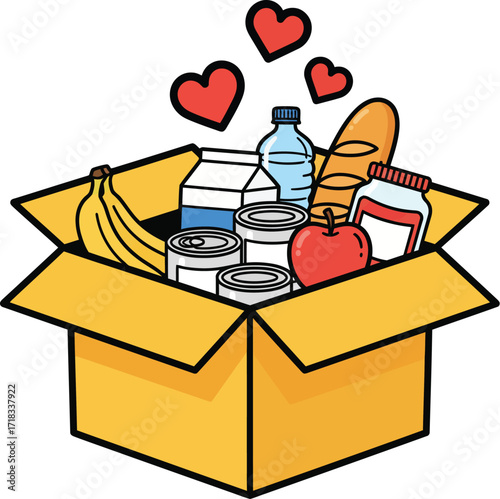 Food Donations Color Icon with Box and Hearts


