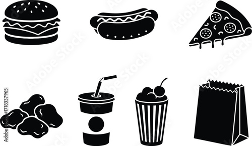 Fast Food and Snack Silhouette Icons Set

