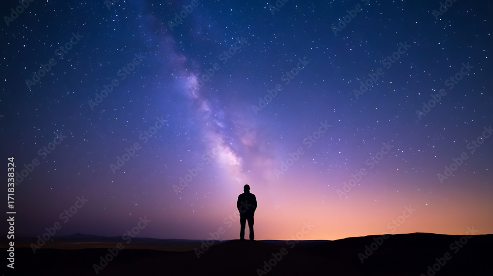 Fototapeta premium Contemplation under the cosmos: A solitary figure gazes up at the vast, starry Milky Way in a serene night scene, evoking wonder and the vastness of the universe.