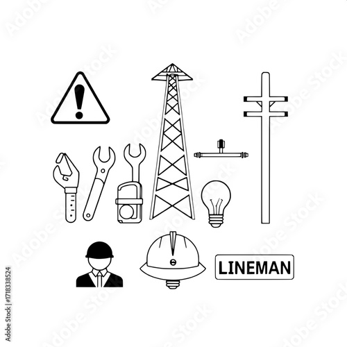“Clean, stylized line art graphic showing elements of electrical work: utility pole, warning sign with lightning, power tower, electrician with hard hat, pliers, screwdriver and wrench, caliper, linem