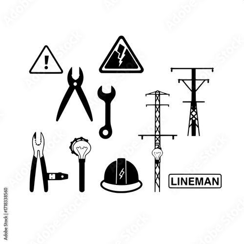 “Clean, stylized line art graphic showing elements of electrical work: utility pole, warning sign with lightning, power tower, electrician with hard hat, pliers, screwdriver and wrench, caliper, linem