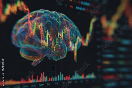 Colorful brain shape overlaying financial charts illustrating market psychology and trading strategies at night