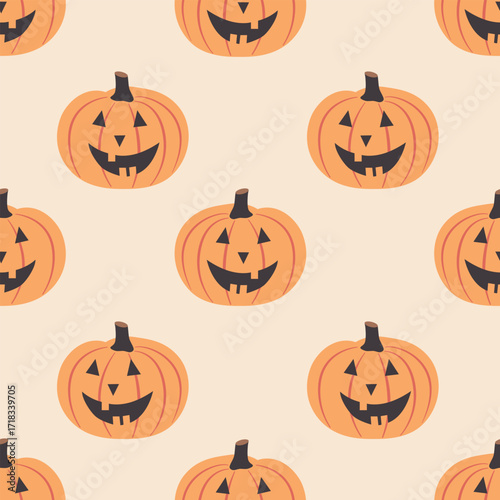 Halloween seamless pattern. Vector illustration of Halloween party. Cute pumpkins and bows on light background. Holiday cartoon Illustration