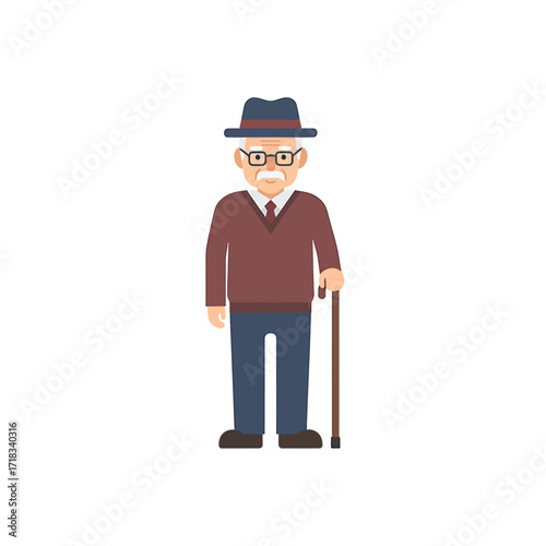 The Gentle Elder: This illustration depicts a serene elderly gentleman, radiating the warmth of experience. Holding a cane, a hat and glasses complete his dignified appearance. 
