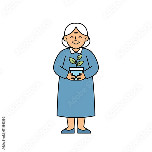 Elderly woman with potted plant : A charming elderly woman, with a nurturing smile, lovingly cradles a potted plant, embodying the beauty of nature and the warmth of intergenerational connections.