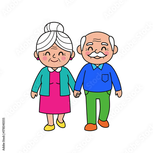 A Cherished Stroll: A heartwarming cartoon illustration depicts an elderly couple walking hand in hand. Their joyful expressions radiate a sense of lasting love and companionship.