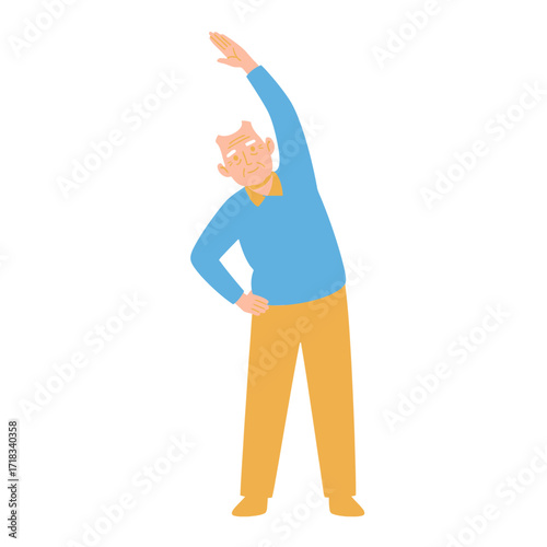 Active Senior Stretching: A cheerful senior man in casual wear performs a stretching exercise, highlighting the importance of maintaining flexibility and embracing healthy habits.