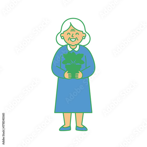 Grandma Holding Plants: A heartwarming illustration of a cheerful grandma, clutching a bouquet of vibrant green plants, embodying the essence of life, growth, and the nurturing spirit.