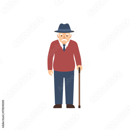 Dignified Elder: This illustration presents a senior individual, adorned in a classic hat and sweater, relying on a walking stick for support, embodying the grace of age and experience.