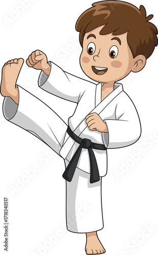 Happy little boy practicing karate, doing a kick, a fun martial arts hobby for kids to develop discipline and strength, isolated on white