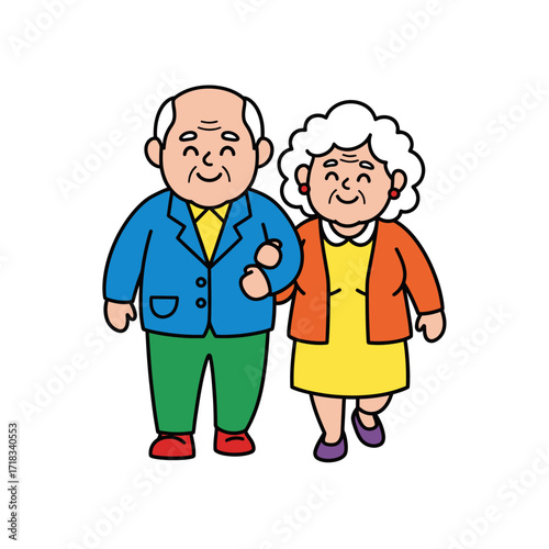 Couple's Timeless Stroll: This touching illustration portrays an elderly couple, embracing each other with warmth, and embarking on a leisurely walk.